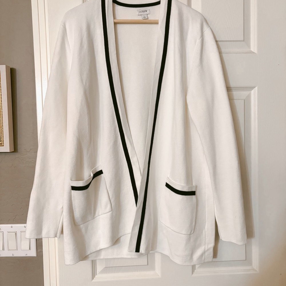 J. CREW White Black Cotton Knit Cardigan Size Large Long Sleeve Sweater Classy